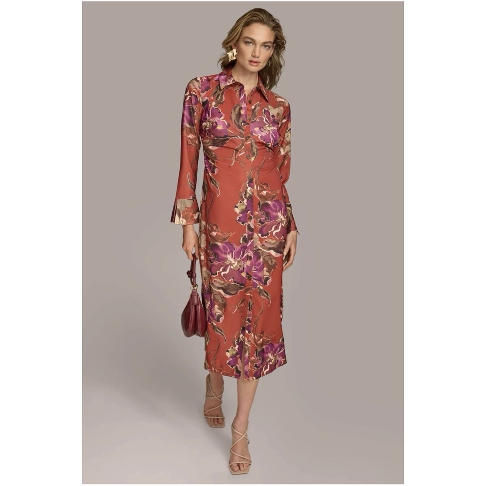 NEW DONNA KARAN‎ New York Dress sz.2 Floral Satin Midi Ruched Cocktail Wedding